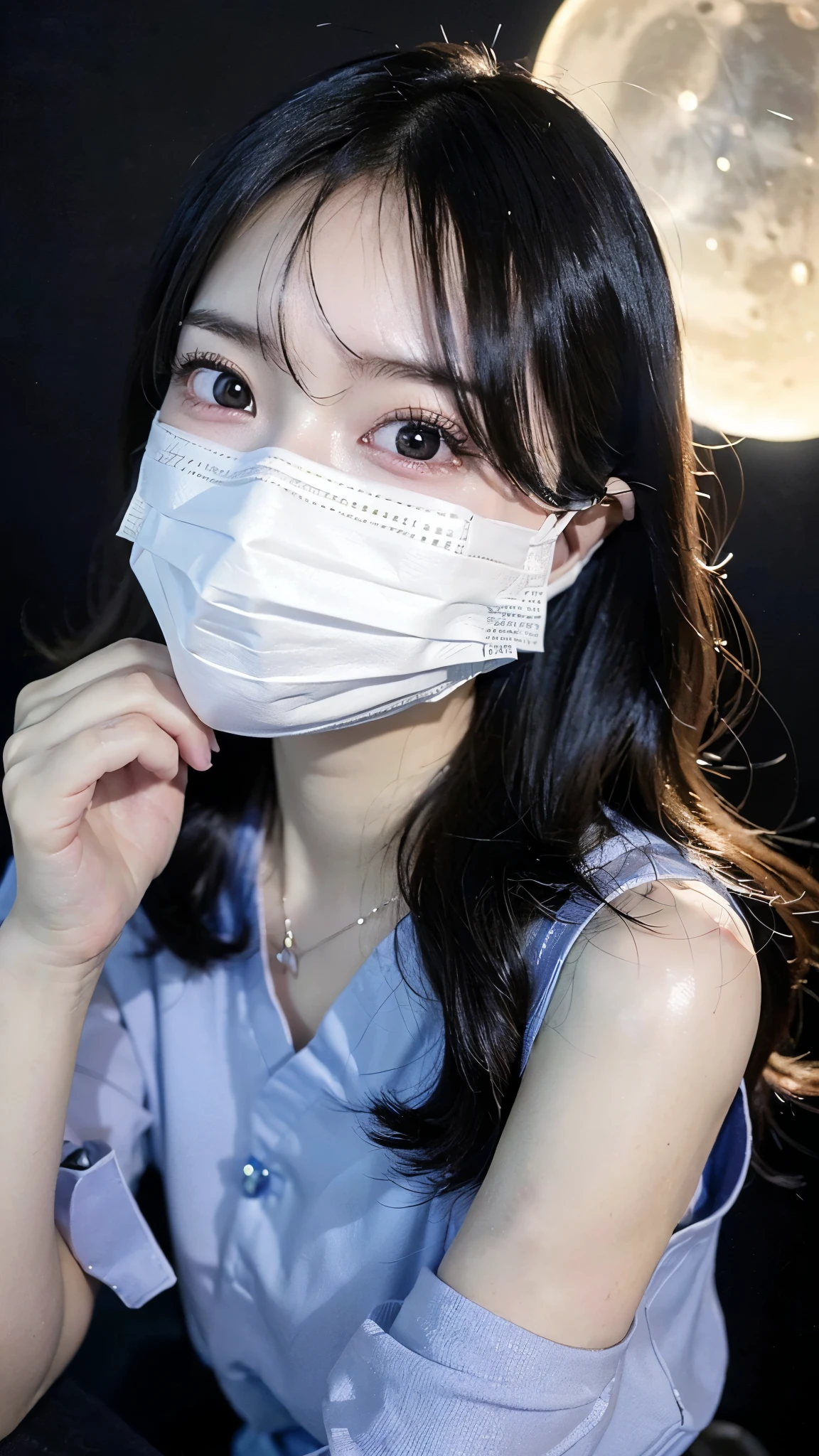 ((((masterpiece, highest quality, High resolution)))), Extremely detailed 8K, Beautiful girl with a voluptuous body, (Ultra HD, Super detailed, Very detailed, Very realistic, Ultra-realistic, Photo Real),Detailed Background,

(Black surgical mouth mask:1.5),(smile),(Shiny skin:1.3),

Upturned eyes, Small face,Sharp features,Big eyes,(compensate:1.3、jirai girl:1.3),
(Fantastic nature background,Big full moon,Midnight,Moonlight,In the background is a beautiful, clear night sky.:1.3),

break
(Are standing:1.3),(Black Hair),Layered Hairstyles,(Long Hair:1.3),Big Breasts,(Slender figure:1.5),
(Head to knees diagram:1.3),Front face,