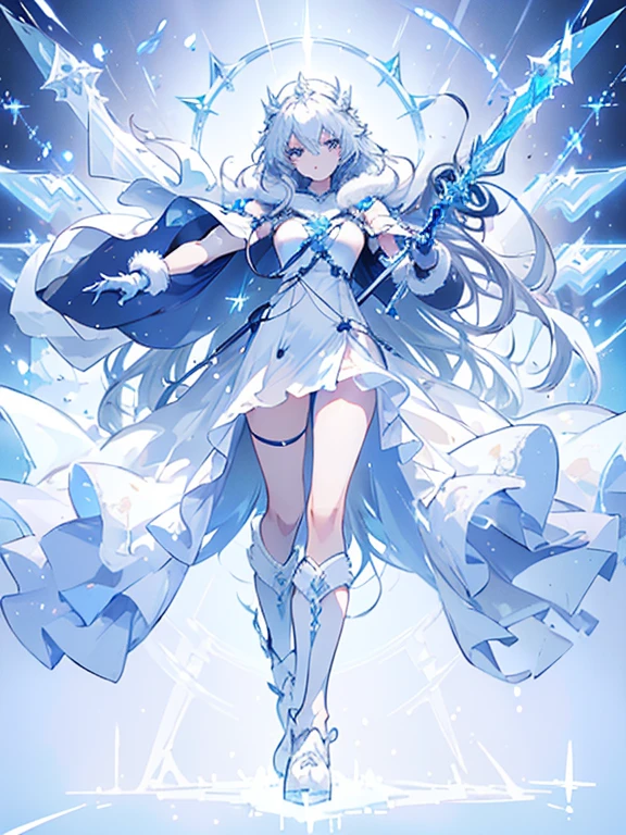 (((masterpiece, best quality, 8k))) Design a layout showcase Gaming character, (1girl),((perfect face, high detailed face)). Blue+White clothes, icy and pristine, ((showcase weapon:1.4)), ice staff, (masterpiece:1.2), (best quality), 4k, ultra-detailed, (Step by step design, layout art:1.5), (frosty lighting, chilling atmosphere), ice mage, ((fur gloves)), (((revealing gown:1.3))), ice vambraces, fur-trimmed boots, (((full_body_shot:1.4)))
