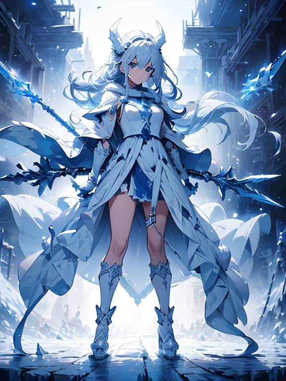 (((masterpiece, best quality, 8k))) Design a layout showcase Gaming character, (1girl),((perfect face, high detailed face)). Blue+White clothes, icy and pristine, ((showcase weapon:1.4)), ice staff, (masterpiece:1.2), (best quality), 4k, ultra-detailed, (Step by step design, layout art:1.5), (frosty lighting, chilling atmosphere), ice mage, ((fur gloves)), (((revealing gown:1.3))), ice vambraces, fur-trimmed boots, (((full_body_shot:1.4)))