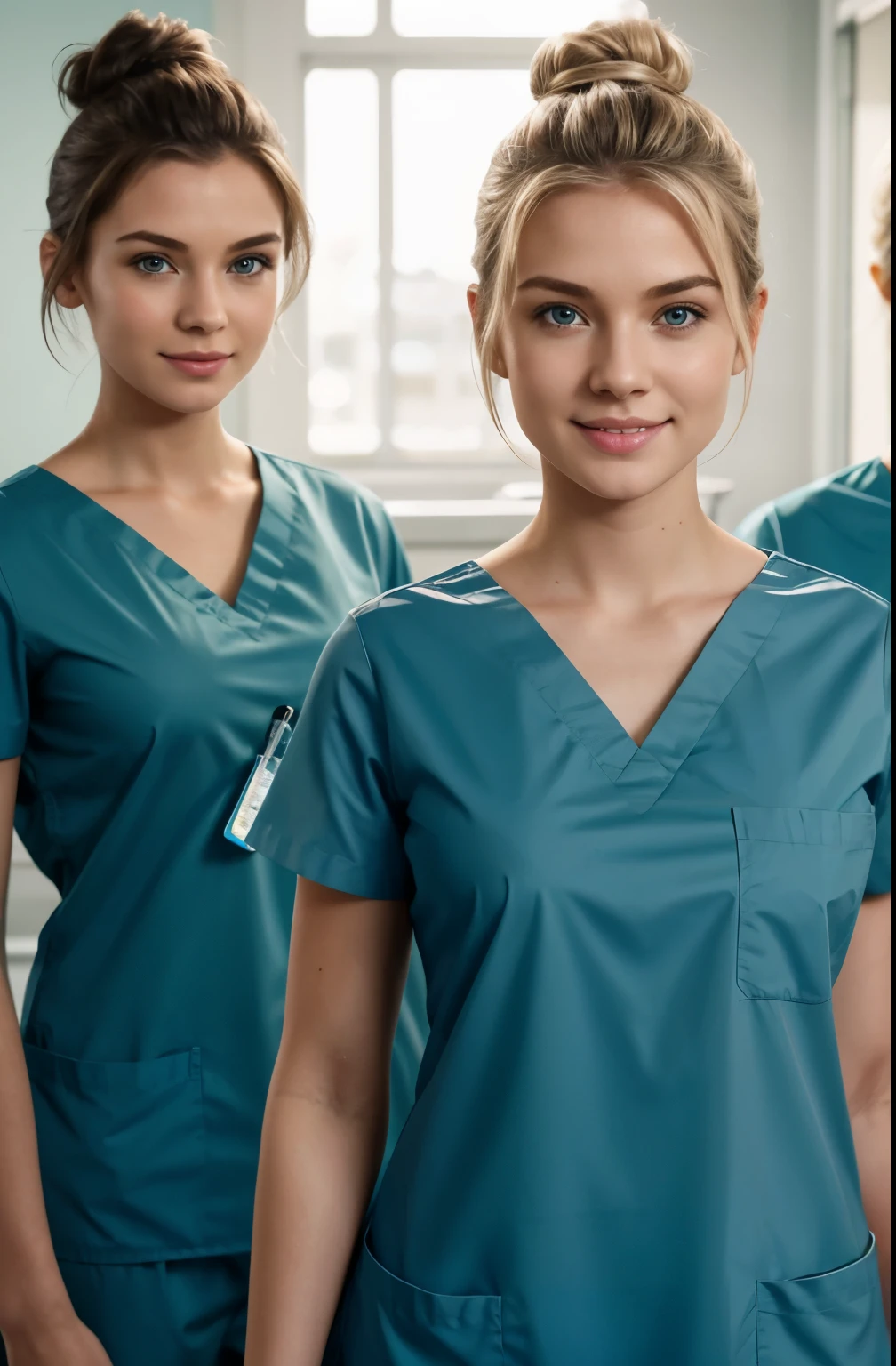 Ultra realistic, Cinematic, team of 3 surgical nurses, 3 swedish teeanger girls, blonde hair all girls standing, working in surgery, 17 years old, body, pale skin, beautiful face, big smile, detailed face, ultra soft and ultra light slight small teal women hospital scrubs, teal hospital scrubs, wide angle showing full body, hospital ward, people, bokeh, short hair tied up as hair bun / Chignon