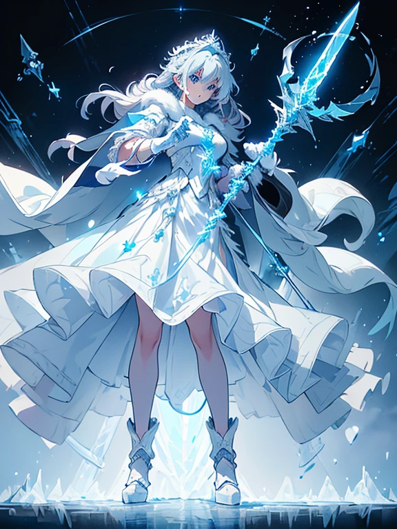 (((masterpiece, best quality, 8k))) Design a layout showcase Gaming character, (1girl),((perfect face, high detailed face)). Blue+White clothes, icy and pristine, ((showcase weapon:1.4)), ice staff, (masterpiece:1.2), (best quality), 4k, ultra-detailed, (Step by step design, layout art:1.5), (frosty lighting, chilling atmosphere), ice mage, ((fur gloves)), (((revealing gown:1.3))), ice vambraces, fur-trimmed boots, (((full_body_shot:1.4)))