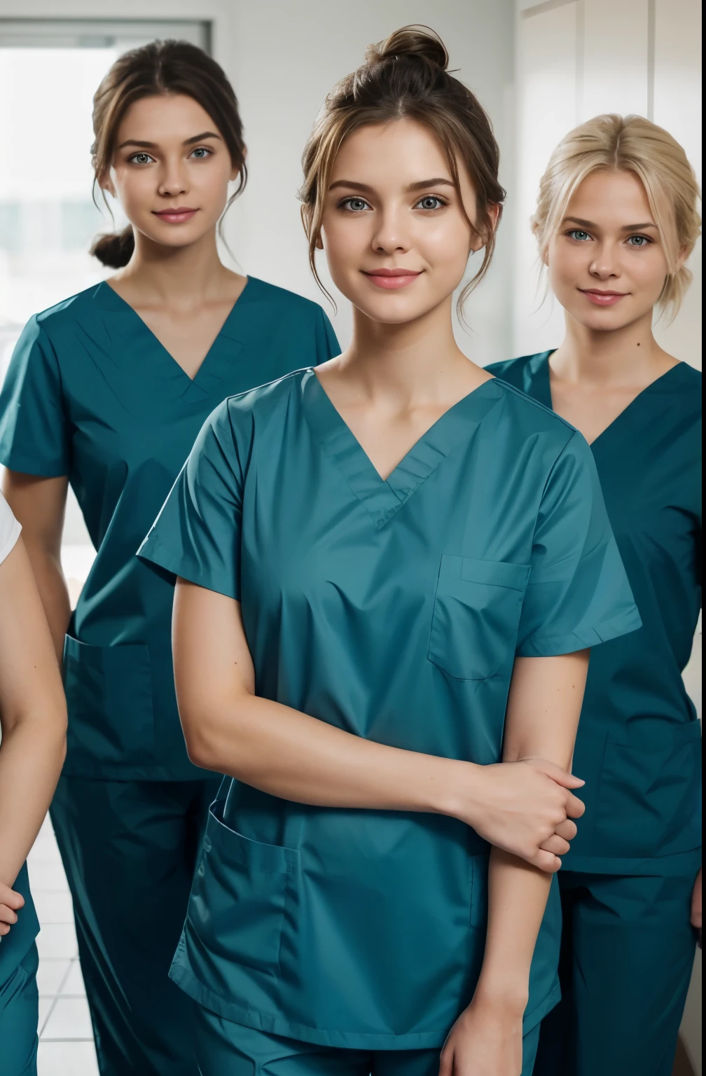 Ultra realistic, Cinematic, team of 3 surgical nurses, 3 swedish teeanger girls, blonde hair all girls standing, working in surgery, 17 years old,  body, pale skin, beautiful face, big smile, detailed face, ultra soft and ultra light slight small teal women hospital scrubs, teal hospital scrubs, wide angle showing full body,  hospital ward, people, bokeh, short hair tied up as hair bun / Chignon