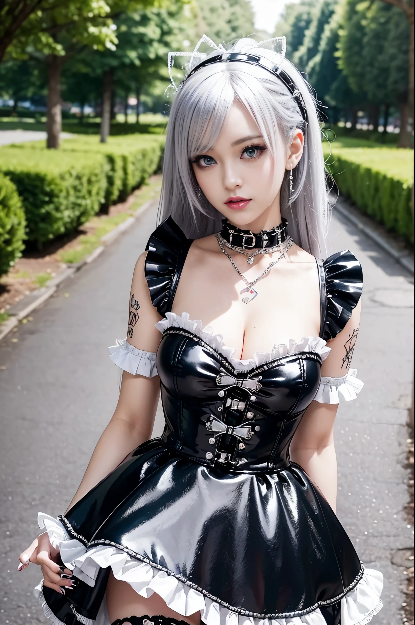 sexy stylish female model, only 1 female, ((doll-like appearance)), long colorful stylish hair, ((shiny Punk-Style boots)), (big smile), ultra detailed eyes, detailed makeup, lipgloss, ((sexy Punk ta cosplay)), unconventional skirt, petticoats, high neckline, ((ultra detailed lace)), ((ultra detailed embroidery)), intricate details, tartan patterns, ((silver chains)), ((silver spikes)), ((safety pins)), Punk Loliccessoires, Punk Lolita cr, ((large sparkling Punk Lolita jewel, cinematic light, detailed large park background with trees
