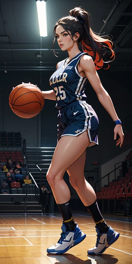 a beautiful young girl in basketball uniform, cute girl , sporty girl, basketball player, athletic figure, dynamic pose, basketball court, colorful uniform, vibrant colors, high-quality 3D render, hyper-realistic, cinematic lighting, photorealistic, masterpiece, intricate details, striking composition, dynamic action, vivid colors