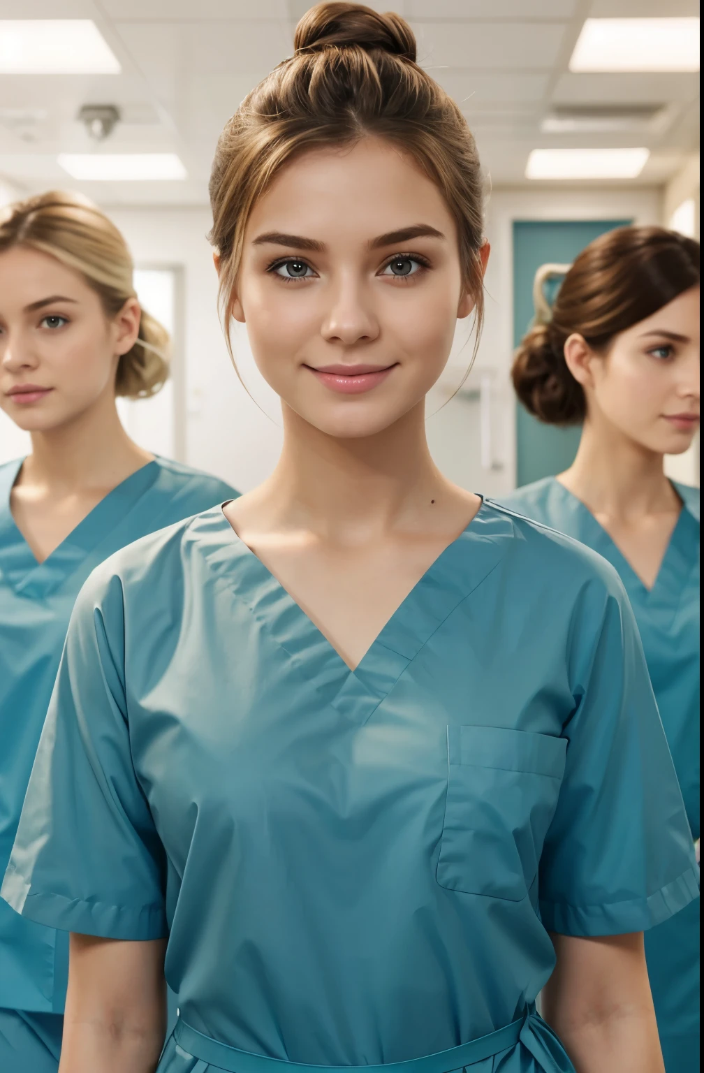 Ultra realistic, Cinematic, team of 3 surgical nurses, 3 french teeanger girls, blonde hair all girls standing, working in surgery, ,  body, pale skin, beautiful face, big smile, detailed face, ultra soft and ultra light slight small teal women hospital scrubs, teal hospital scrubs, wide angle showing full body,  hospital ward, people, bokeh, short hair tied up as hair bun / Chignon