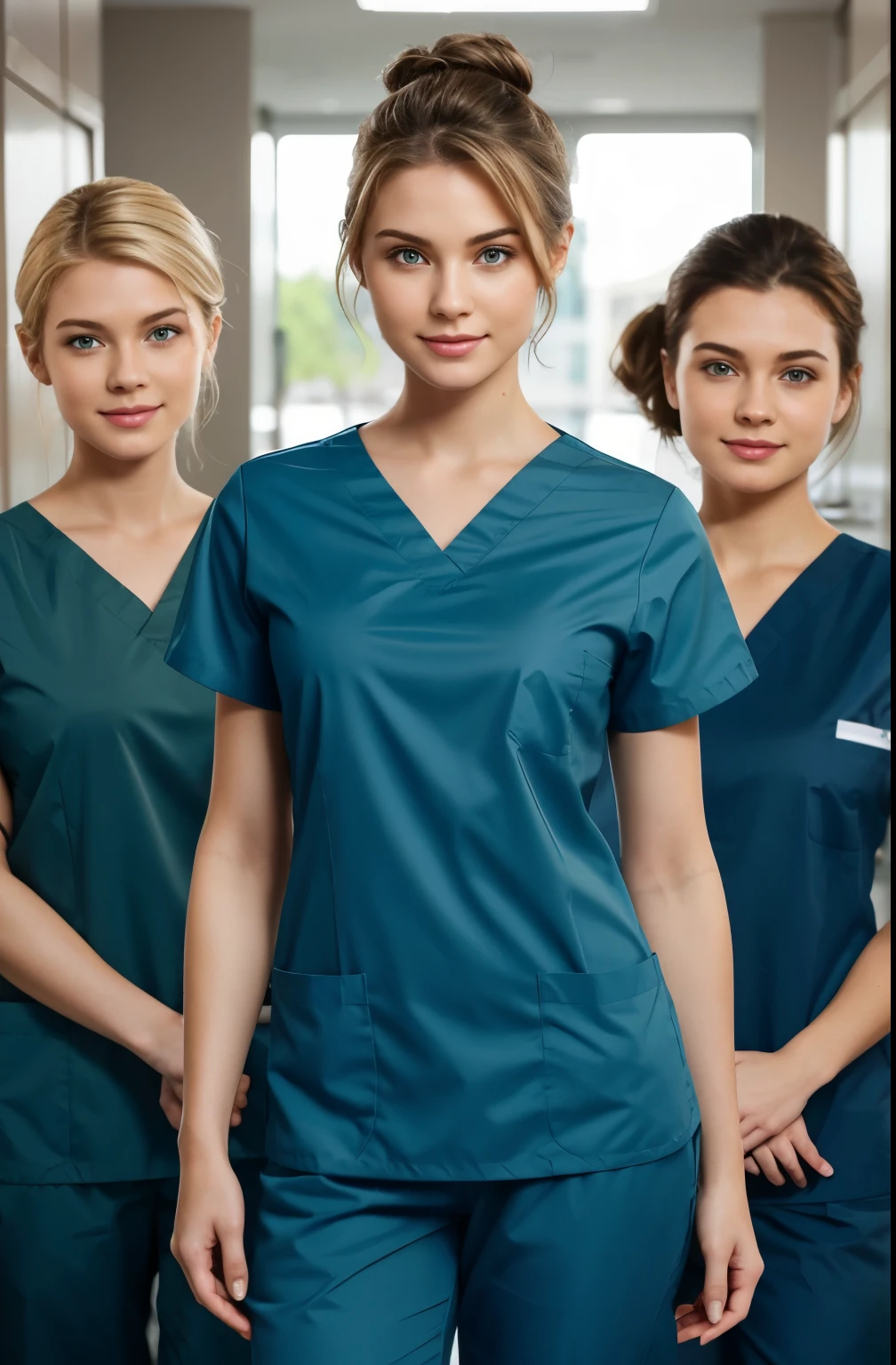 Ultra realistic, Cinematic, team of 3 surgical nurses, 3 french teeanger girls, blonde hair all girls standing, working in surgery, ,  body, pale skin, beautiful face, big smile, detailed face, ultra soft and ultra light slight small teal women hospital scrubs, teal hospital scrubs, wide angle showing full body,  hospital ward, people, bokeh, short hair tied up as hair bun / Chignon