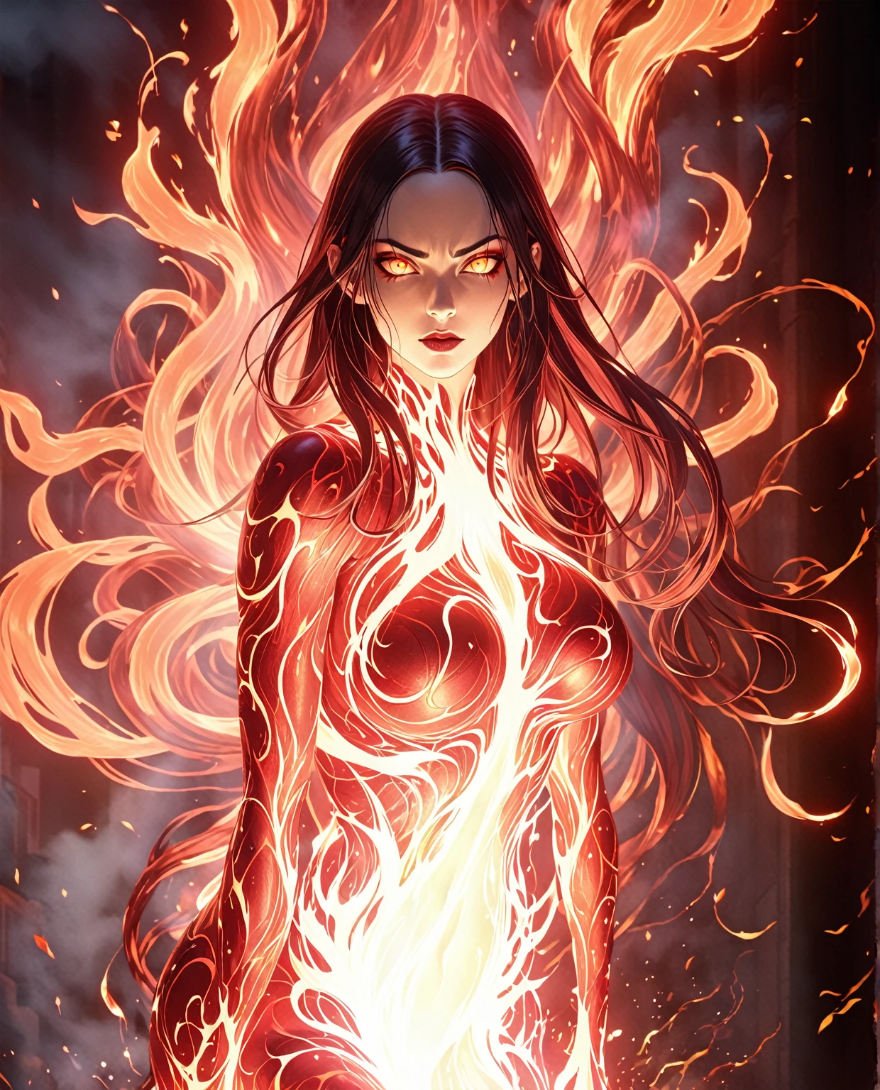 A girl with a body made of lava, featuring a Dracula Orchid pattern. (best quality, ultra-detailed), (realistic), vibrant colors, intense lighting, lava-like texture, hauntingly beautiful composition, surreal atmosphere, contrasting dark shadows, mesmerizing glow, detailed facial features, flowing lava tendrils, fiery eyes, ethereal presence, intricate floral patterns, mysterious aura." lava lady, street fighter style, 1girl, incredibly detailed, hyper realistic, highly detailed, incredibly sharp focus, cinematic lighting, volumetric lighting, dynamic pose, intense expression, rippling magma skin, molten rock body, glowing eyes, fire energy, dramatic smoke effects, neon cyberpunk city background, vibrant colors, cinematic camera angle