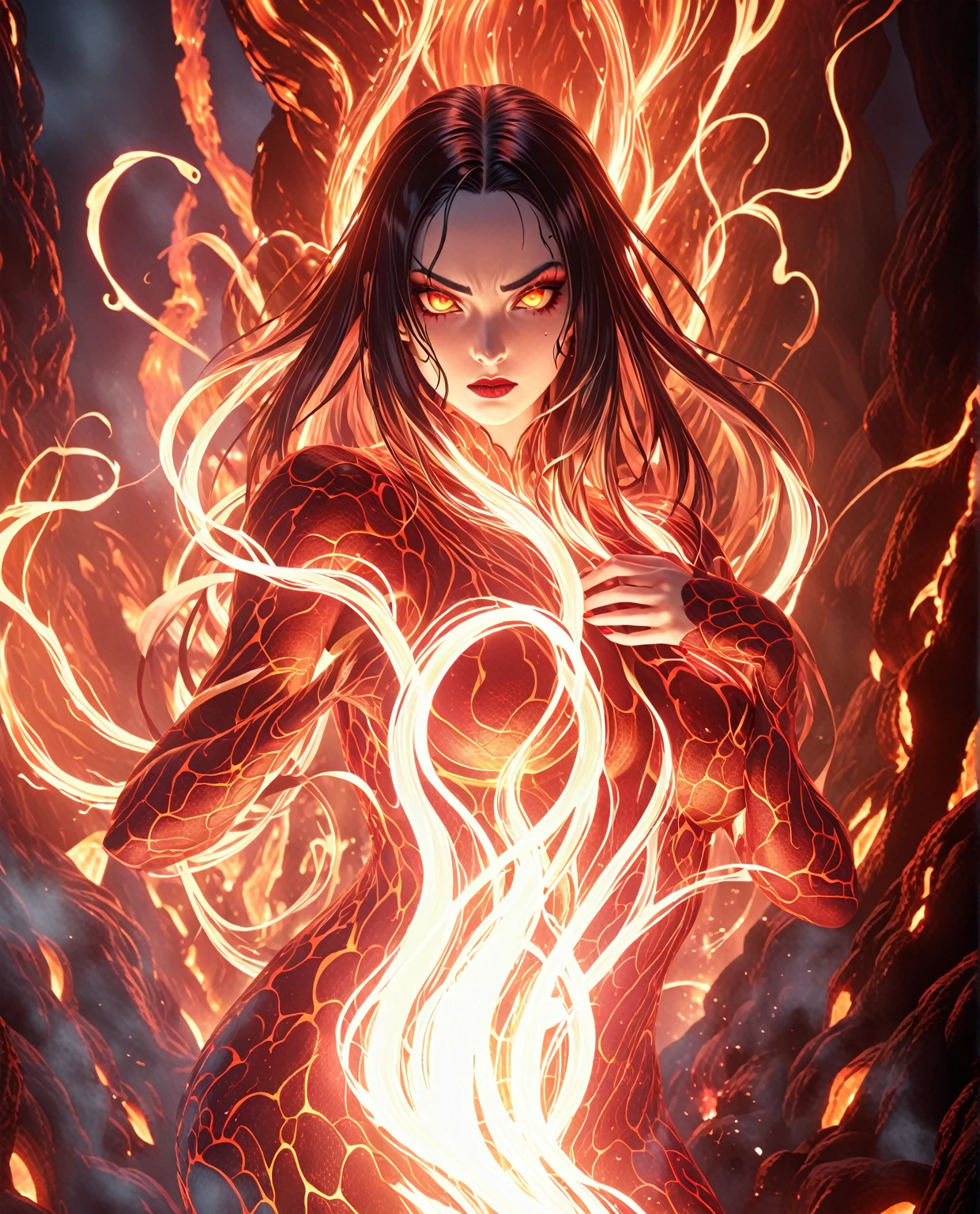 A girl with a body made of lava, featuring a Dracula Orchid pattern. (best quality, ultra-detailed), (realistic), vibrant colors, intense lighting, lava-like texture, hauntingly beautiful composition, surreal atmosphere, contrasting dark shadows, mesmerizing glow, detailed facial features, flowing lava tendrils, fiery eyes, ethereal presence, intricate floral patterns, mysterious aura." lava lady, street fighter style, 1girl, incredibly detailed, hyper realistic, highly detailed, incredibly sharp focus, cinematic lighting, volumetric lighting, dynamic pose, intense expression, rippling magma skin, molten rock body, glowing eyes, fire energy, dramatic smoke effects, neon cyberpunk city background, vibrant colors, cinematic camera angle