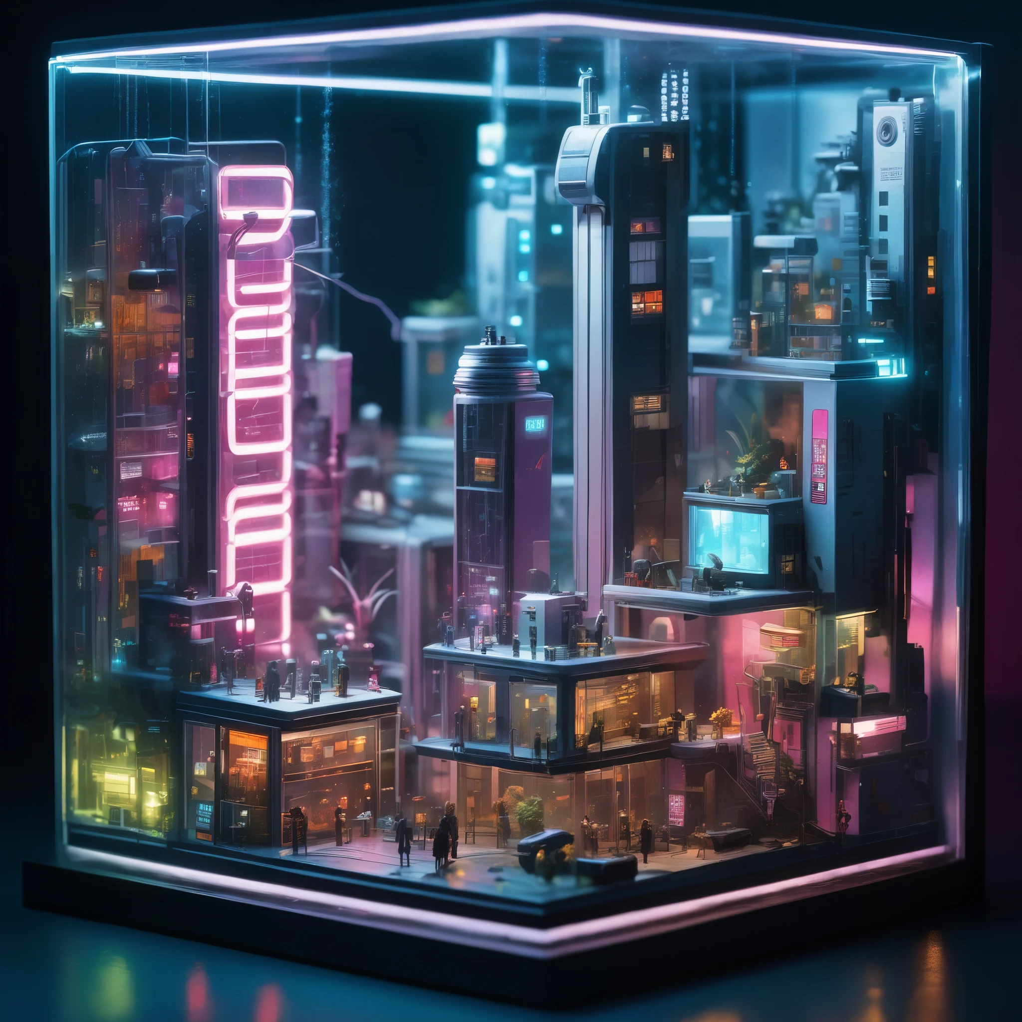 A cyberpunk city in a glass enclosure,  isometric style, miniature scenes,miniatur woman wearing cyberpunk fashion.