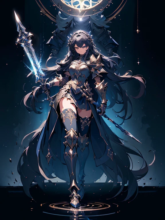 (((masterpiece, best quality, 8k))) Design a layout showcase Gaming character, (1girl),((perfect face, high detailed face)). Golden+Purle clothes, stylish and unique, ((showcase weapon:1.4)), magic staff, (masterpiece:1.2), (best quality), 4k, ultra-detailed, (Step by step design, layout art:1.5), (luminous lighting, atmospheric lighting), magican, ((glove full hands)), (((revealing clothes:1.3))), vambraces, armored legwear, (((full_body_shot:1.4)))