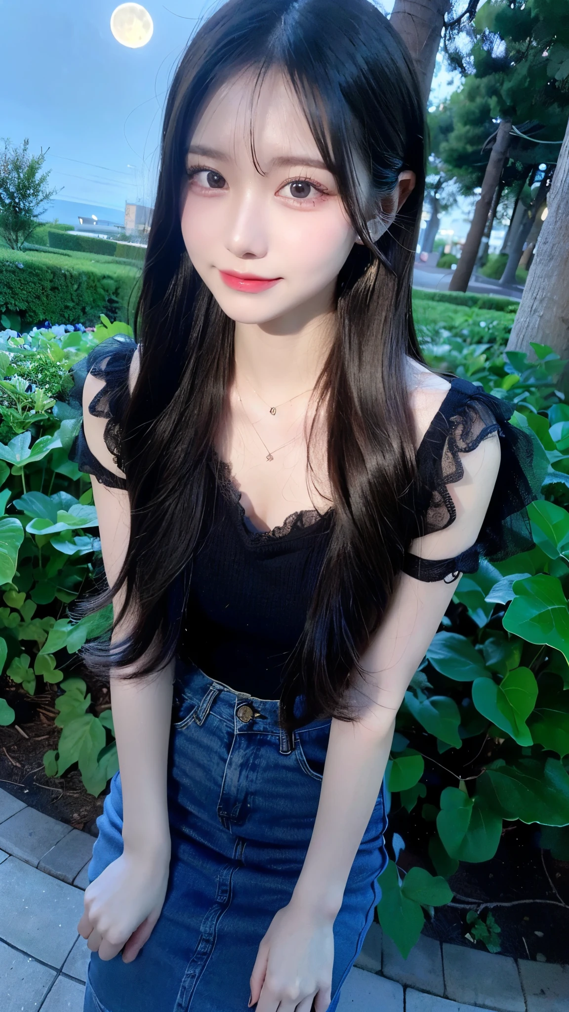 ((((masterpiece, highest quality, High resolution)))), Extremely detailed 8K, Beautiful girl with a voluptuous body, (Ultra HD, Super detailed, Very detailed, Very realistic, Ultra-realistic, Photo Real),Detailed Background,
(cute:1.5),(smile),(Shiny skin:1.3),
Upturned eyes, Small face,Sharp features,Big eyes,(compensate:1.3、jirai girl:1.3),
(Fantastic nature background,Big full moon,Midnight,Moonlight,In the background is a beautiful, clear night sky.:1.3),
break
(Are standing:1.3),(Black Hair),Layered Hairstyles,(Long Hair:1.3),Big Breasts,(Slender figure:1.5),
(Head to knees diagram:1.3),Front face,