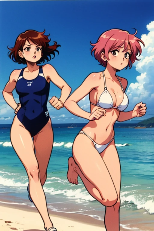 masterpiece, highest quality, disorganized, retro artstyle, 1980s \(style\)))), look viewer, 2 girls, chaseing on the beach, (Madoka Ayukawa, running away long hair, white bikini) (a girl hikaru hiyama chasibg short hair, vermilion one-piece swimsuit),