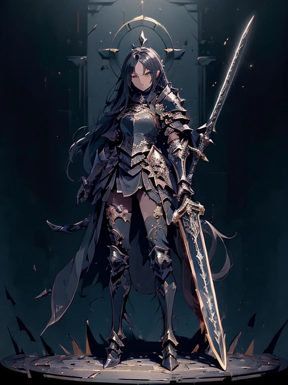 (((masterpiece, best quality, 8k))) Design a layout showcase Gaming character, (1girl),((perfect face, high detailed face)). Black+Gold clothes, opulent and dark, ((showcase weapon:1.4)), cursed blade, (masterpiece:1.2), (best quality), 4k, ultra-detailed, (gloomy lighting, cursed atmosphere), dark knight, ((cursed gloves)), (((revealing armor:1.3))), dark vambraces, cursed boots, (((full_body_shot:1.4)))