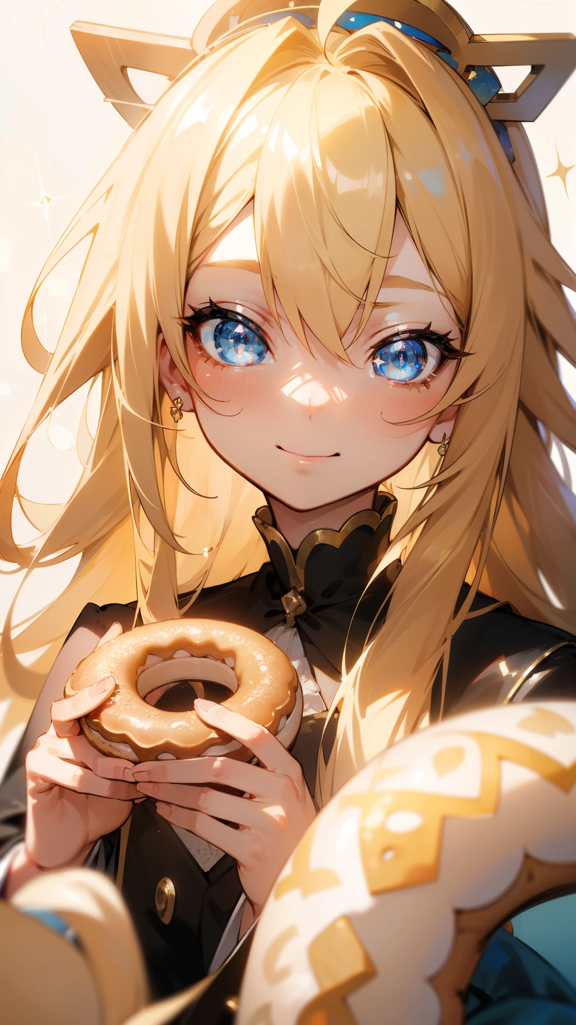 (masterpiece, highest quality)、Intricate details、8k、Sharp focus、(Bokeh) (highest quality) (Detailed skin:1.3) (Intricate details) (8k) (Fine grain) (anime)、String Maki, hairpin, blonde, Long Hair, (Sparkling blue eyes)、Ahoge、Eating a donut、Smiling face、Upper body close-up