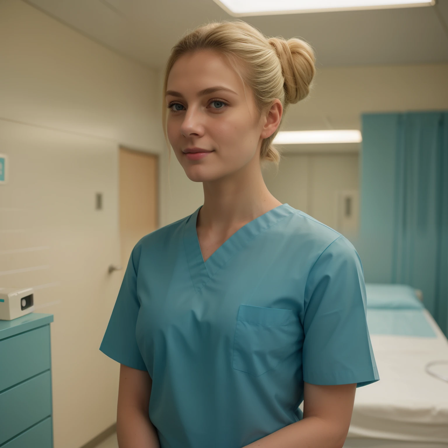 A Realistic Portrait, of a tenager girl,  (lady oscar), as surgical nurse, blonde hair, , Beautiful, detailed face, detailed eyes, (realistic skin:1.3), (pale skin:1.1), (textured skin:1.3), (()), big smile, (iphone photograph), (perfect small breasts:1.1),  wearing teal surgical scrubs), (artificial lighting:1.3),  looking at the camera, perfect slim body, amateur Photography, Photorealistic, Detailed, analog, poor quality, grainy,, wide angle, showing full body, standing in operation room, wearing long surgical scrubs, non-nude, all body parts covered by teal scrub uniform,short hair tied up, hair bun, hair tied as chignon