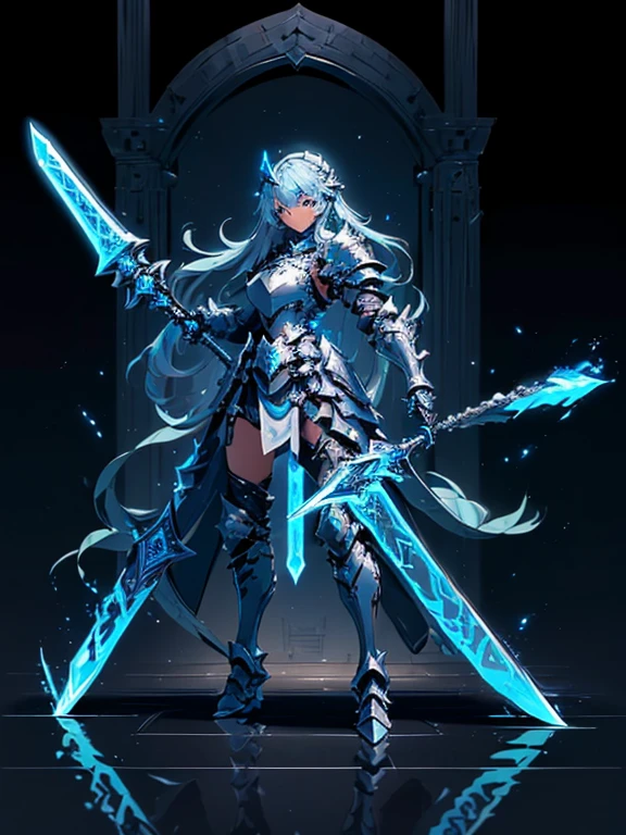 (((masterpiece, best quality, 8k))) Design a layout showcase Gaming character, (1girl),((perfect face, high detailed face)). Silver+Blue clothes, elegant and futuristic, ((showcase weapon:1.4)), energy sword, (masterpiece:1.2), (best quality), 4k, ultra-detailed, (Step by step design, layout art:1.5), (glowing effects, ambient lighting), warrior, ((gauntlets)), (((revealing armor:1.3))), greaves, armored boots, (((full_body_shot:1.4)))