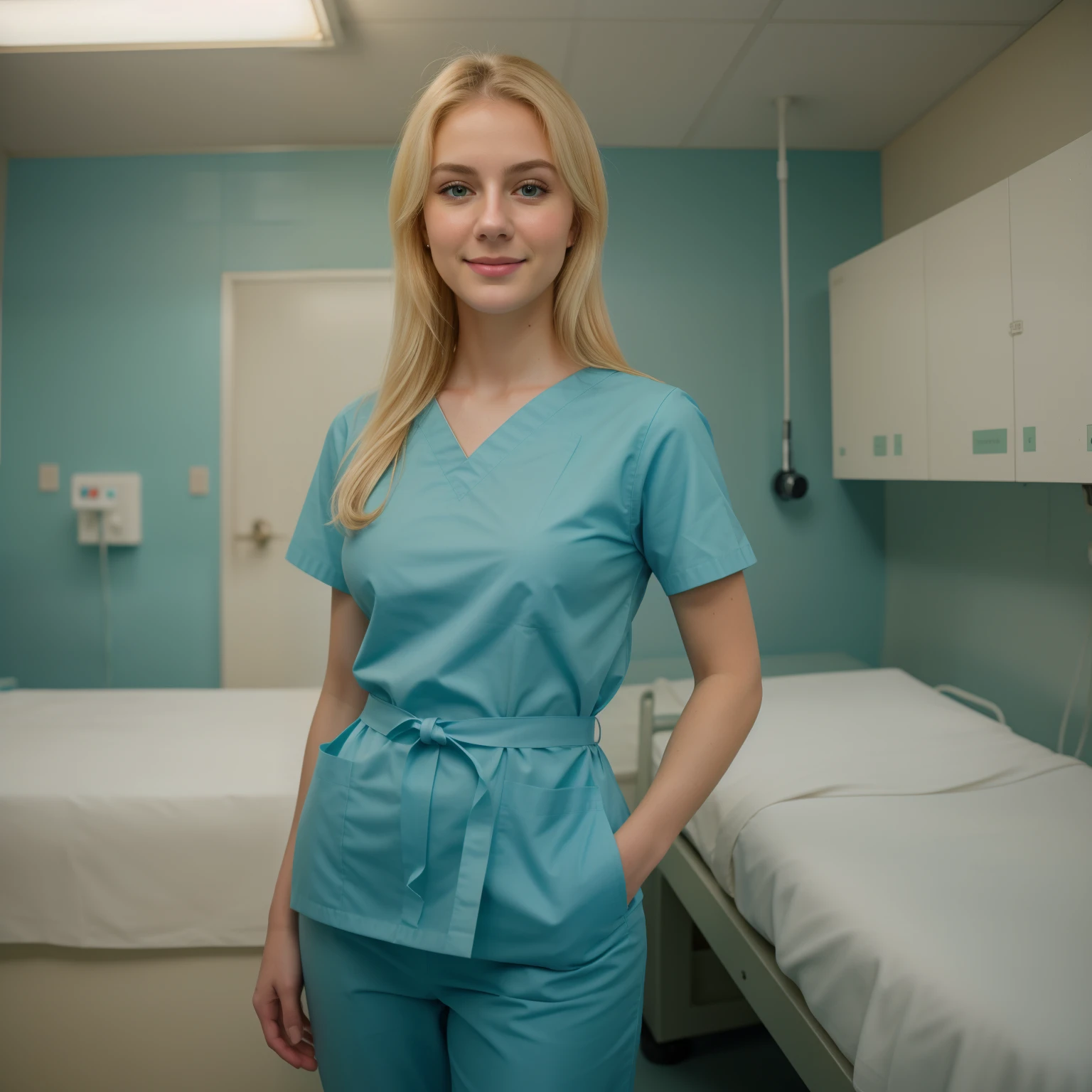 A Realistic Portrait, of a tenager girl, 15 years old (lady oscar), as surgical nurse, blonde hair, , Beautiful, detailed face, detailed eyes, (realistic skin:1.3), (pale skin:1.1), (textured skin:1.3), (()), big smile, (iphone photograph), (perfect small breasts:1.1),  wearing teal surgical scrubs), (artificial lighting:1.3),  looking at the camera, perfect slim body, amateur Photography, Photorealistic, Detailed, analog, poor quality, grainy,, wide angle, showing full body, standing in operation room, wearing long surgical scrubs, non-nude, all body parts covered by teal scrub uniform