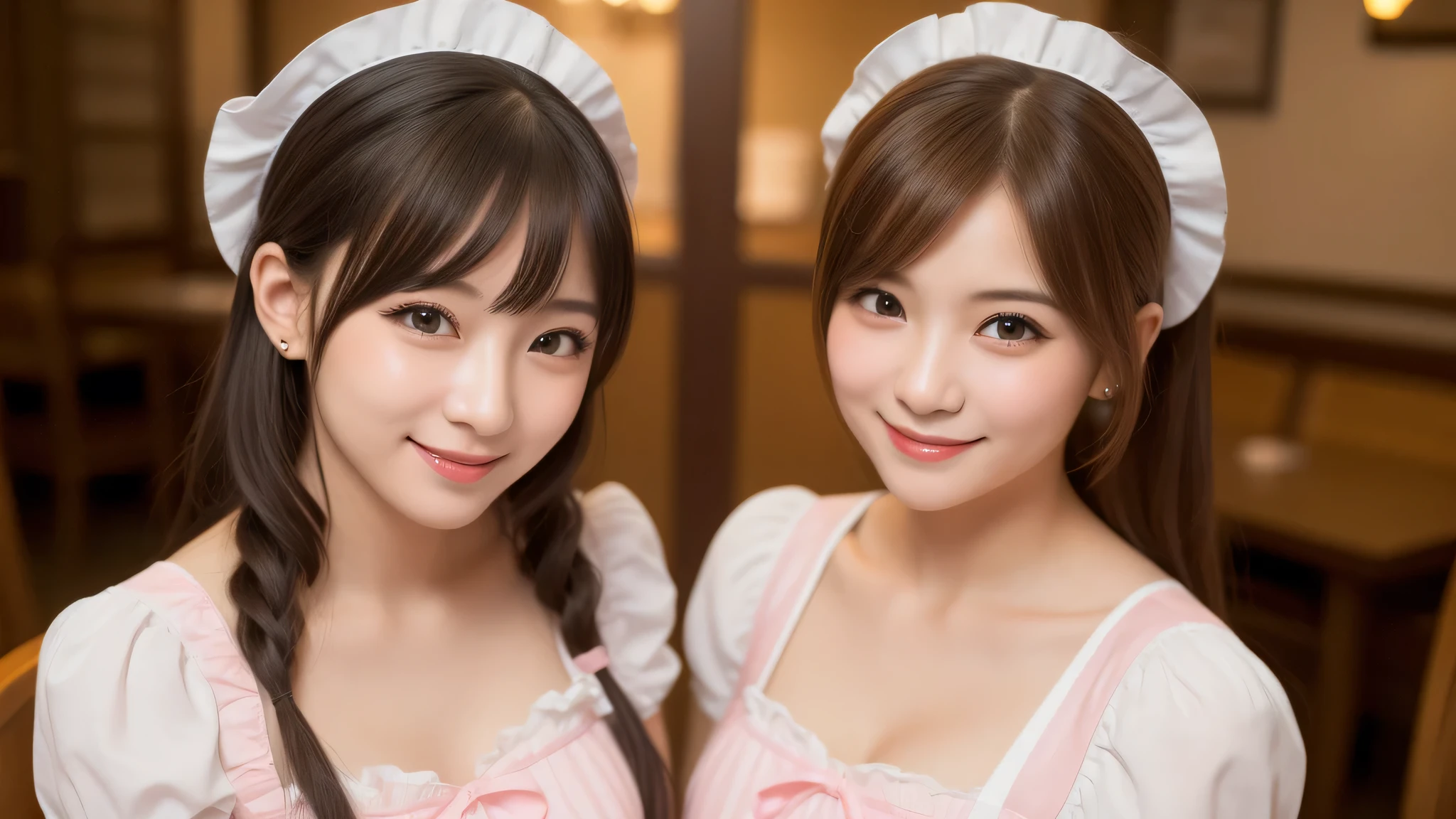 kawaii face, (2girl), (cute smile:1.2), (maid cafe pink costume, costume with frills, mini skirt), cleavage, (best Quality:1.4), (hyper-realistic, hight resolution), Professional Photography, standing, Indoor, (maid cafe), Close up portrait of girl, staring at me, (Fine face:1.2),
