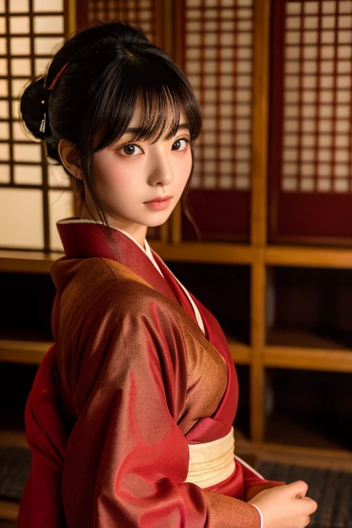 girl、Beauty、Red colored kimono、Unbuttoned、girl座り、front、Tatami room、Powder、Shoji screen、tatami、Dark atmosphere、candle、Oiran、Tied hairstyle、hairpin、Close-up