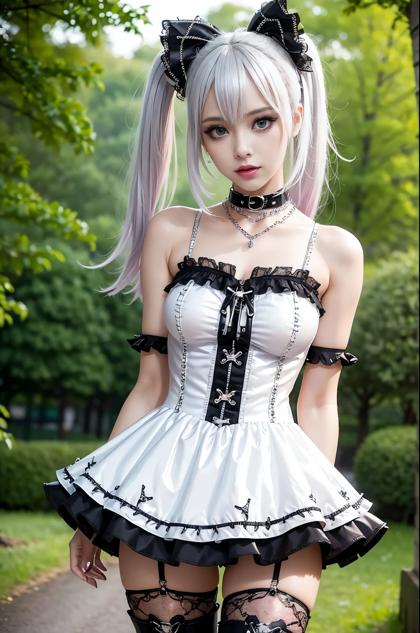 sexy stylish Swedish model, only 1 female, ((doll-like appearance)), long neon pink stylish hair, ((shiny Punk-Style boots)), (big smile), ultra detailed eyes, Punk makeup, lipgloss, ((sexy Punk Lolita cosplay)), unconventional skirt, petticoats, high neckline, ((ultra detailed lace)), ((ultra detailed embroidery)), intricate details, tartan patterns, (silver chains), (silver spikes), (safety pins), Punk Lolita accessoires, Punk Lolita choker, ((large sparkling Punk Lolita jewelry)), cinematic light, detailed large park background with trees