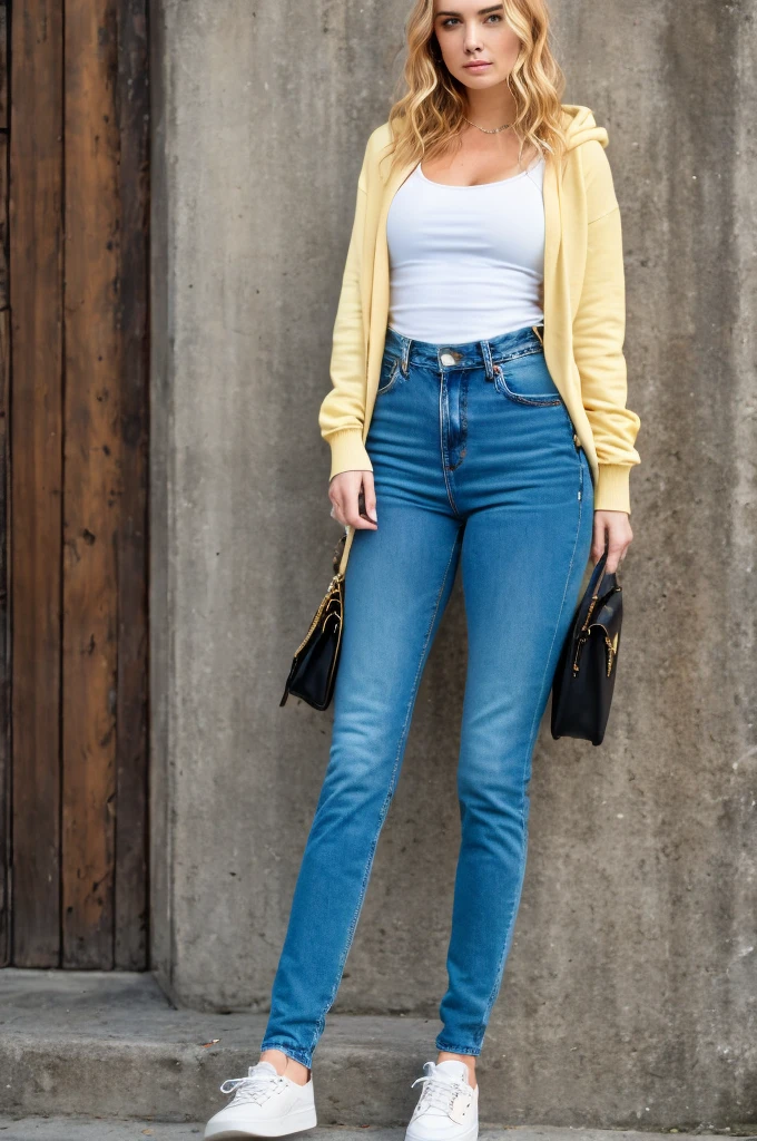 gorgeous young white woman,21 y.o, sweet face,yellow eyes,downturned eyes,heart shaped lips,straight eyebrows,raised nose,round face,((long shot)) Blonde influencer with natural wavy long hair,Kombiniere klassische Streetwear-Elemente wie Sneaker, Hoodies or jeans with high-quality accessories such as a designer handbag or a luxury watch, um einen modernen und dennoch edlen Look zu kreieren, extravagant , 8k, extremely detailed, Fotorealistisch, komplizierte Details, realistische Hauttextur, realistische Haare, Textur, Cheerful, 8k uhd, Best quality, high resolution, Detailgenauigkeit, very big breasts, long shot, weitwinkel, Ukrainian Woman by the Sea , Dynamic Prompts for Dress Type ,Hair color and Dress Color