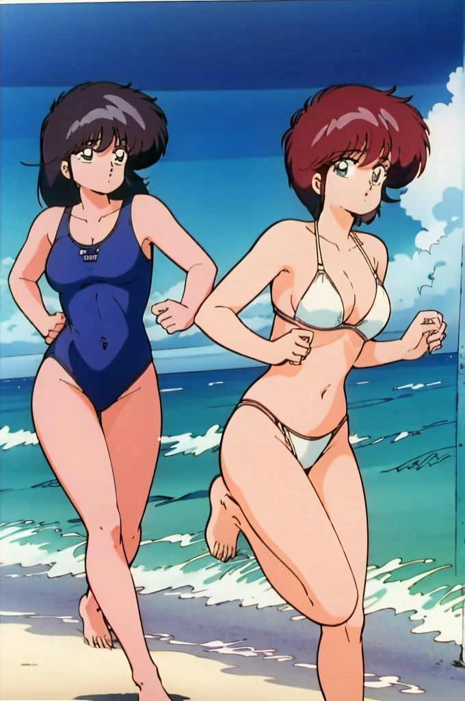 masterpiece, highest quality, disorganized, retro artstyle, 1980s \(style\)))), look viewer, 2 girls, chaseing on the beach, (Madoka Ayukawa, running away long hair, white bikini) (a girl hikaru hiyama chasibg short hair, vermilion one-piece swimsuit),