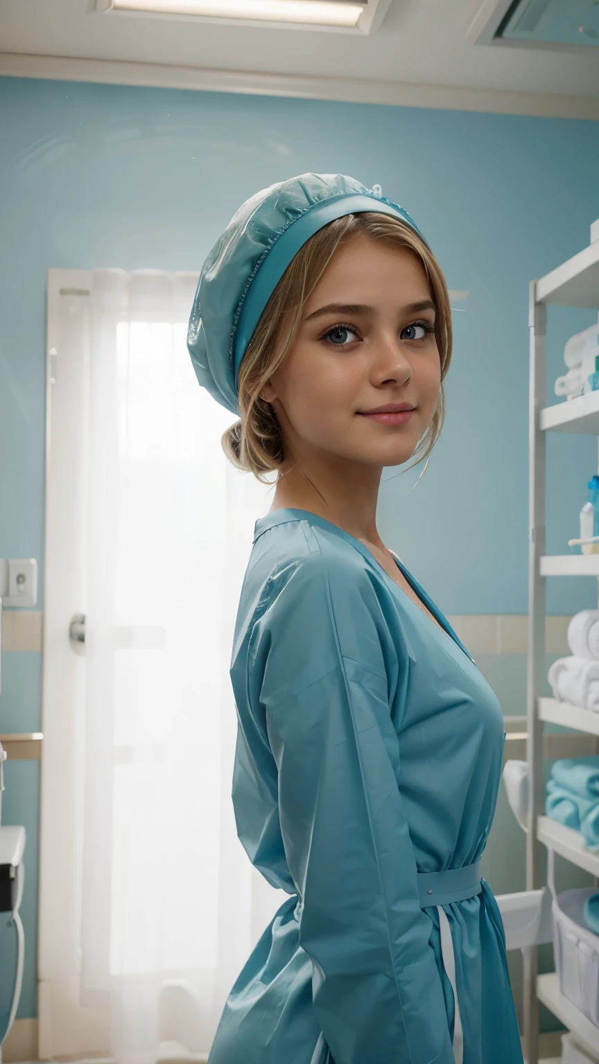 Ultra realistic, pediatric girl patient (Kristina Pimenova) young teenager girl, 13 years old, , Beautiful, detailed face, detailed eyes, (realistic skin:1.3), (pale skin:1.1), (textured skin:1.3), (()), big smile, (iphone photograph), (perfect small breasts:1.1), ), (artificial lighting:1.3), standing in medical changing room, beautiful face, big eyes, big smile, detailed face, wears teal nylon patient gown , putting long patient gown on, back-tied patient gown, female figure, high closed crew-neck, bokeh, all wearing large teal nylon bouffant cap , , large surgical bouffant cap covering hair and ears, ultra-short blonde hair fully covered by nylon shower cap, no hair tails, standing in hospital room