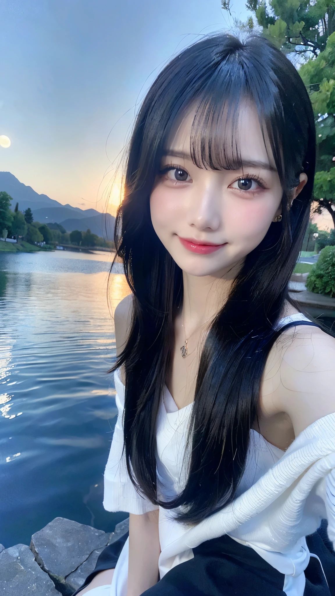 ((((masterpiece, highest quality, High resolution)))), Extremely detailed 8K, Beautiful girl with a voluptuous body, (Ultra HD, Super detailed, Very detailed, Very realistic, Ultra-realistic, Photo Real),Detailed Background,

(cute:1.5),(smile),(Shiny skin:1.3),

Upturned eyes, Small face,Sharp features,Big eyes,(compensate:1.3、jirai girl:1.3),
(Fantastic nature background,Big full moon,Midnight,Moonlight,In the background is a beautiful, clear night sky.:1.3),

break
(Are standing:1.3),(Black Hair),Layered Hairstyles,(Long Hair:1.3),Big Breasts,(Slender figure:1.5),
(Head to knees diagram:1.3),Front face,