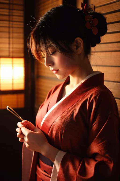 girl、Beauty、Red colored kimono、Exposing shoulders、girl座り、front、Tatami room、Powder、Shoji screen、tatami、Dark atmosphere、candle、Oiran、Tied hairstyle、hairpin、Close-up