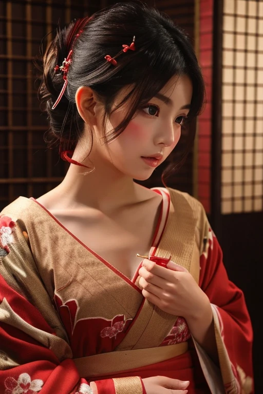 girl、Beauty、Red colored kimono、Exposing shoulders、girl座り、front、Tatami room、Powder、Shoji screen、tatami、Dark atmosphere、candle、Oiran、Tied hairstyle、hairpin、Close-up