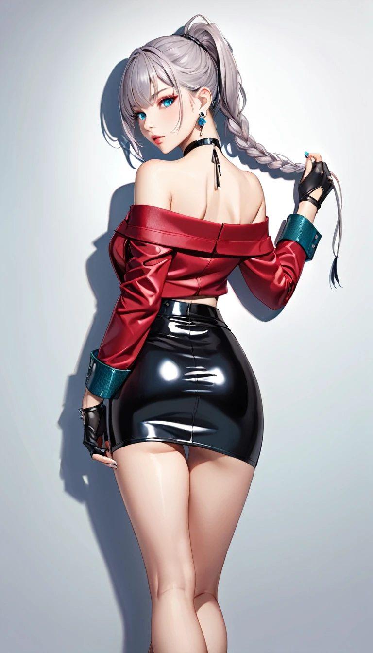 One girl, Aqua Eye, return, bangs, Exposing shoulders, black gloves, blue eyes, Braiding, choker, Earrings, fingerless gloves, From behind, gloves, Grey Hair, Holding, Jacket, jewelry, Long Hair, View Viewer, looking return, Manicure, Off the shoulder, Lips parted, Earrings, ponytail, red Jacket, Pencil skirt with slit, Black patent leather stiletto heels, alone, whole body, Toned thighs, slightly open legs, He didn&#39;t,[[Realistic]],(Shiny skin),(masterpiece:1.4),(highest quality:1.4)