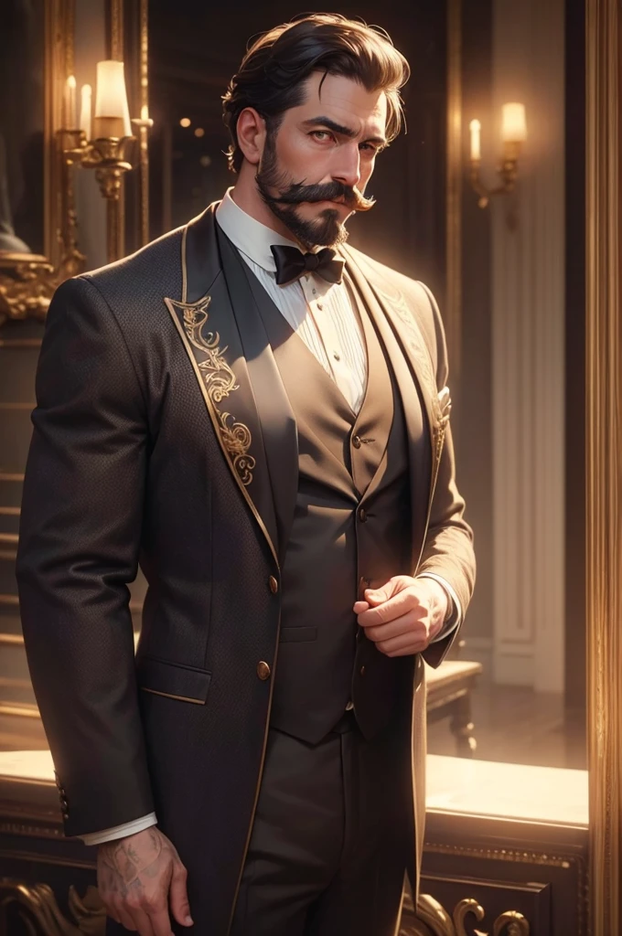 a man with a thick handlebar mustache, elegant gentleman, wearing a vintage suit, standing in a Victorian era setting with ornate decorations, moody lighting, (best quality,4k,8k,highres,masterpiece:1.2),ultra-detailed,(realistic,photorealistic,photo-realistic:1.37),intricate details, dramatic shadows, warm color tones, chiaroscuro lighting, cinematic composition, oil painting style