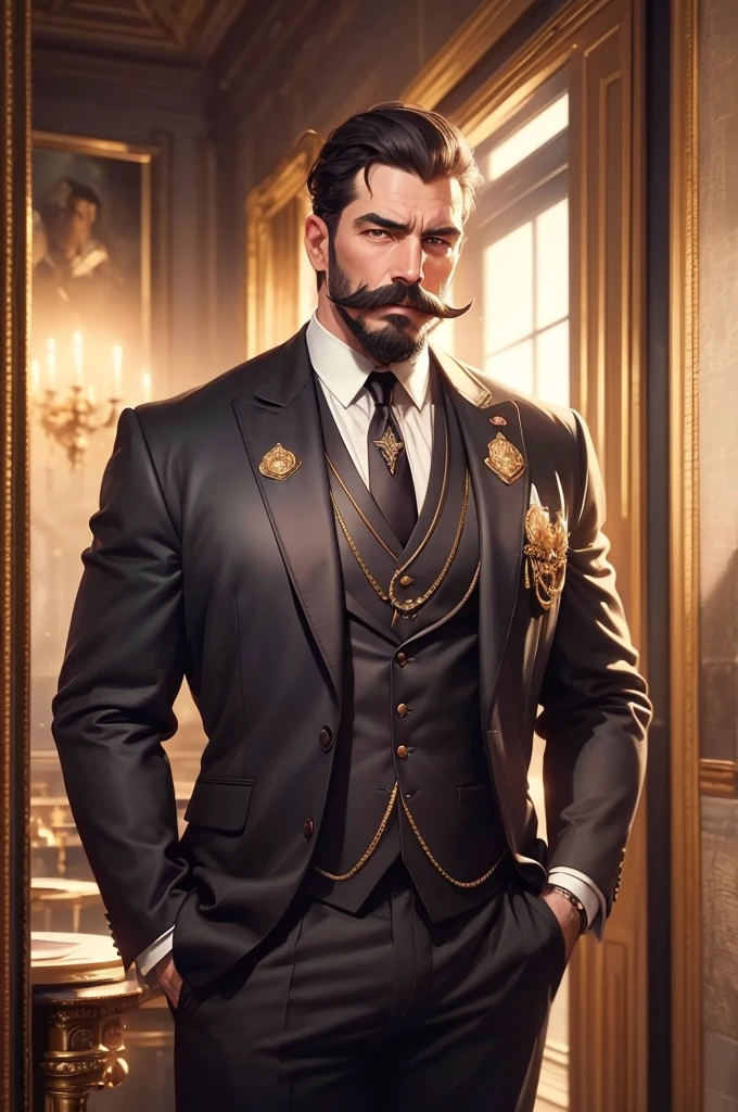 a man with a thick handlebar mustache, elegant gentleman, wearing a vintage suit, standing in a Victorian era setting with ornate decorations, moody lighting, (best quality,4k,8k,highres,masterpiece:1.2),ultra-detailed,(realistic,photorealistic,photo-realistic:1.37),intricate details, dramatic shadows, warm color tones, chiaroscuro lighting, cinematic composition, oil painting style