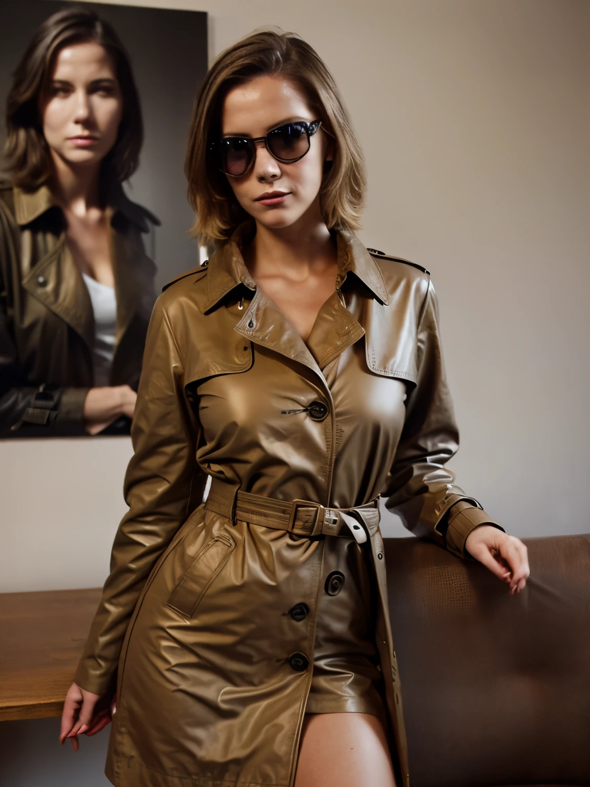 analog style, modelshoot style, portrait of sks woman LaGermania wearing trench coat, leather gloves, and aviator goggles, bold, natural colours,