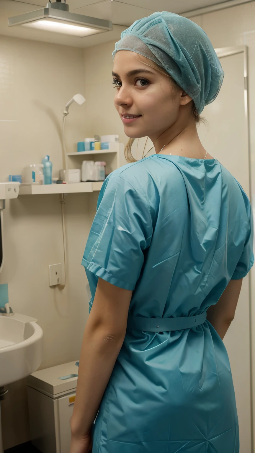 Ultra realistic, pediatric girl patient (Shakira) young teenager girl, , , Beautiful, detailed face, detailed eyes, (realistic skin:1.3), (pale skin:1.1), (textured skin:1.3), (()), big smile, (iphone photograph), (perfect small breasts:1.1), ), (artificial lighting:1.3), standing in medical changing room, beautiful face, big eyes, big smile, detailed face, wears teal nylon patient gown , putting long patient gown on, back-tied patient gown, female figure, high closed crew-neck, bokeh, all wearing large teal nylon bouffant cap , , large surgical bouffant cap covering hair and ears, ultra-short blonde hair fully covered by nylon shower cap, no hair tails, standing in hospital room