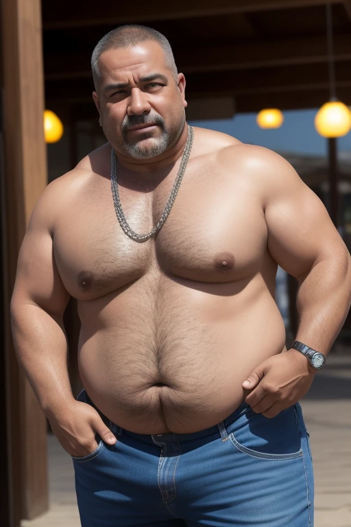 Por favor, Generate an image of a middle-aged man facing the camera. He has a friendly and expressive appearance. His size is fat and overweight, sofre de obesidade e, Like many of us, he's a guy,has no hair and ]It possesses a variety of physical characteristics. He's wearing casual clothes, And his posture is confident. A imagem captura a personalidade e individualidade dele, ELE ESTA FELIZ, chains on the neck. muscular turkish construction worker, muito peludo, peitorais grandes e carnudos, regata.