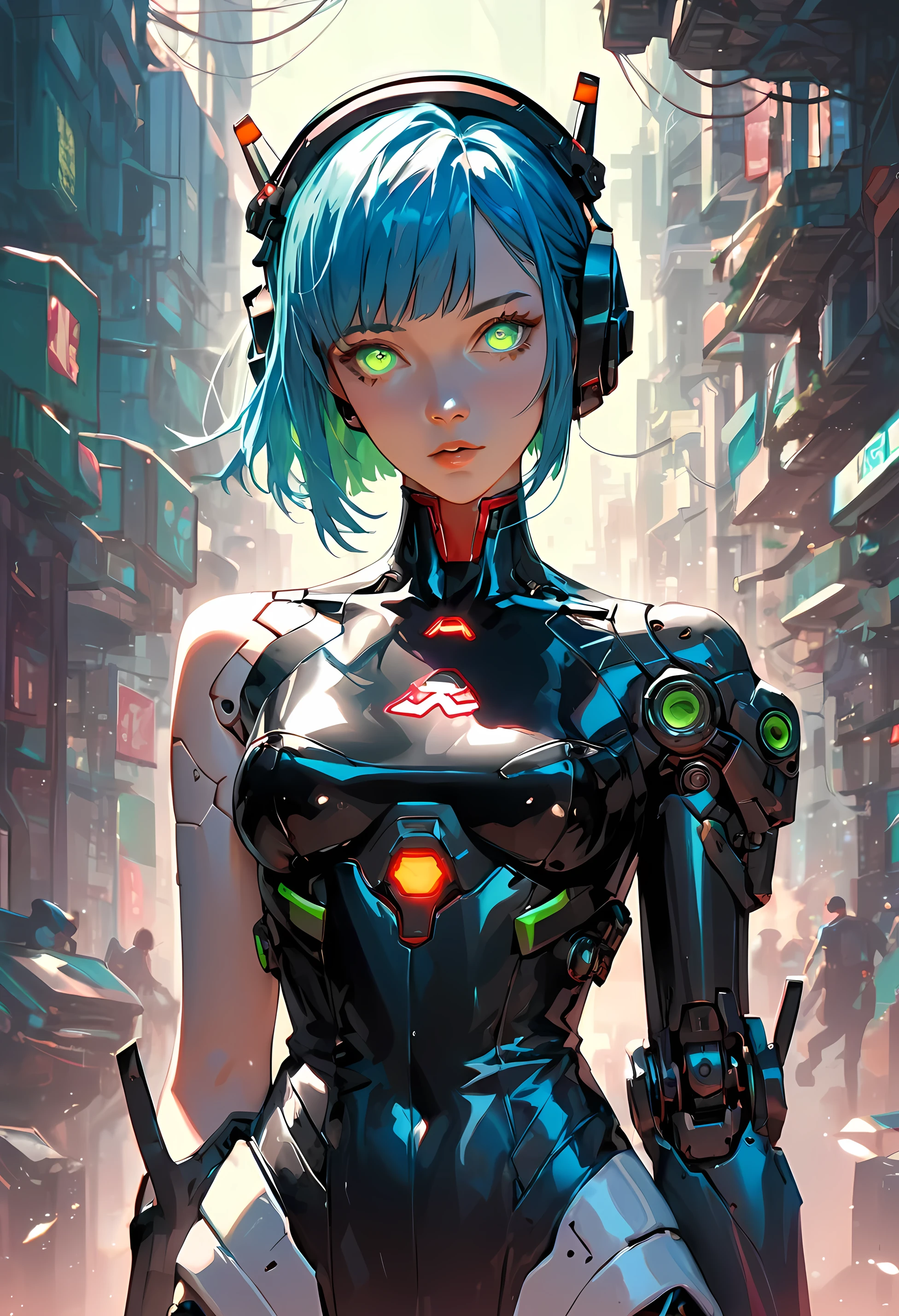 score_9,score_8_up,score_7_up,source_anime,1girl, android girl, Cyberpunk, blue hair, green light eyes,glowing eyes, Short hair, White breastplate, Black headphones, Mechanical red Bodysuit, Bare shoulders, Glossy, shiny material,robot joints