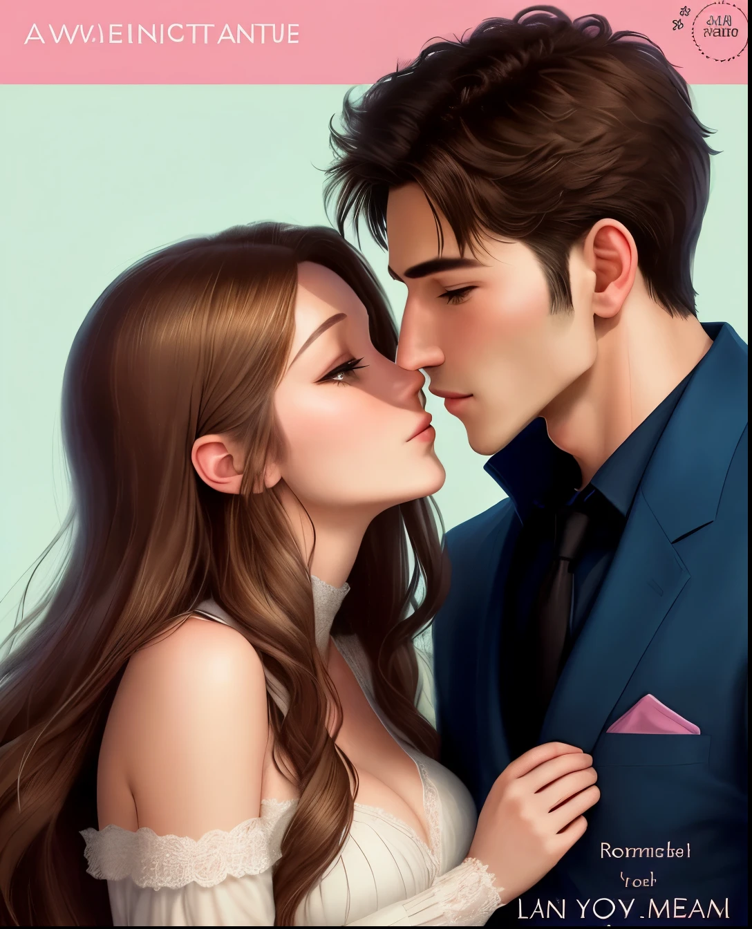 Draw me a perfect real romantic cover book man an woman about to kiss
