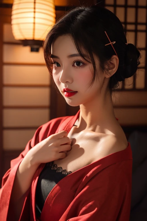girl、Beauty、Red colored kimono、Exposing shoulders、Emphasize cleavage、Slender body、girl座り、front、Tatami room、Powder、Shoji screen、tatami、Dark atmosphere、candle、Oiran、Tied hairstyle、hairpin、Close-up、Red lips