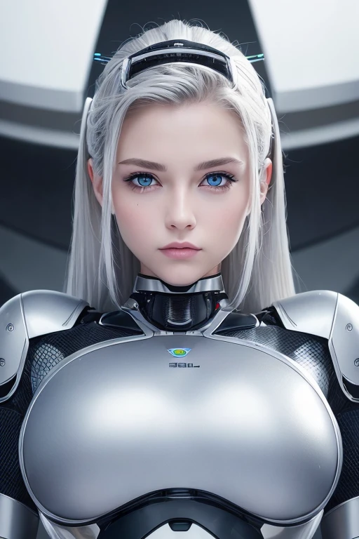 ((best quality)), ((masterpiece)), (detailed), perfect face,female Robot,silver hair,blue eye,machine ear,silver metallic Robot body,like a Robocop,big ,Grammer Body