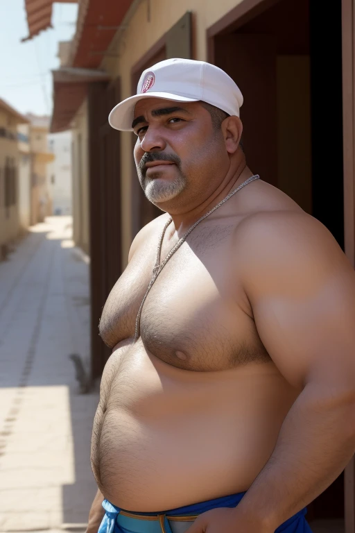 muscular turkish construction worker, muito peludo, peitorais grandes e carnudos, regata, Generate an image of a middle-aged man facing the camera. He has a friendly and expressive appearance. His size is fat and overweight, sofre de obesidade e, Like many of us, he's a guy,has no hair and ]It possesses a variety of physical characteristics. He's wearing casual clothes, And his posture is confident. A imagem captura a personalidade e individualidade dele, ELE ESTA FELIZ, chains on the neck. muscular turkish construction worker, muito peludo, peitorais grandes e carnudos, regata.