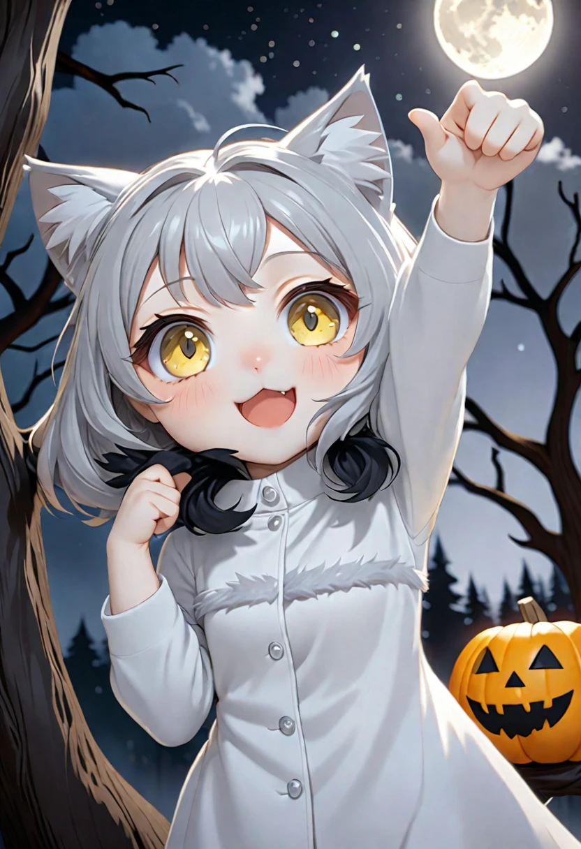 cat girl, chibi, dressed in a gray fur coat, wolf tail from behind, shaggy wolf ears, gray hair, yellow eyes, werewolf, reaches for the sign, which hangs on the ebony tree, tree without leaves, tree is curved, tree with eyes, Halloween, Rendering, Anime background art, winner of the pixiv competition, Anime girl with cat ears cute!! chibi!!! cat girl, милый anime cat girl, with index finger, Nekomimi, anime cat girl!, cat girl, chemonomics, run, furry фураффинность, masterpiece, top quality, Best quality, official art, Beautiful and aesthetically pleasing:1.2), 2D, (Best quality, masterpiece), anime, (very detailed face), (very detailed eyes), Black background, Starlight Night, forest in the background, full moon in the background, Ideal lighting, (highly detailed gray fur coat), (very white skin)