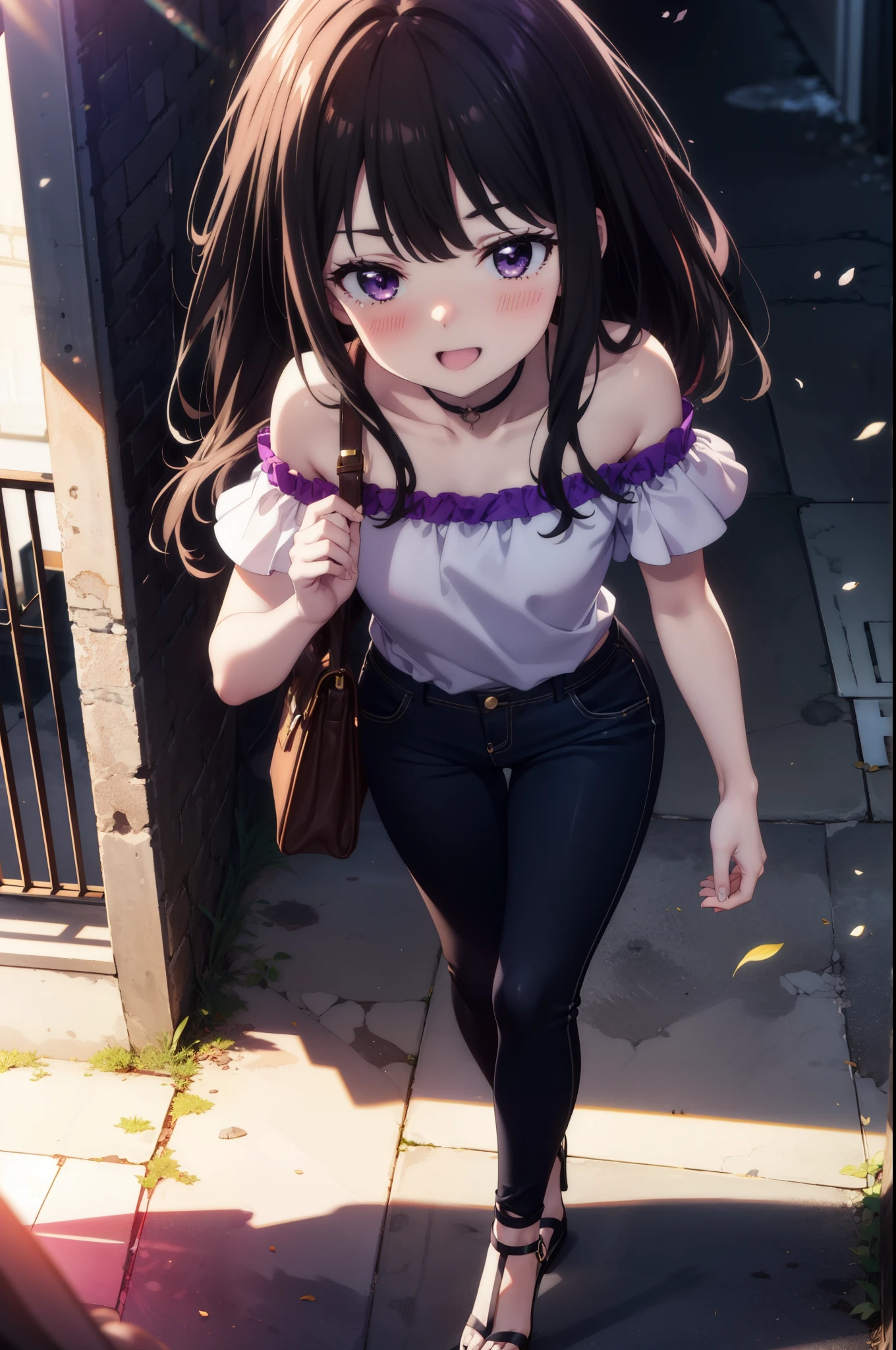 Takiuchi, Check it out, Long Hair, bangs, Black Hair, (Purple eyes:1.2),happy smile, smile, Open your mouth,
hair band,Cord off-shoulder top,Short sleeve,skinny pants,Stiletto heels,morning,morning陽,The sun is rising,Walking,whole bodyがイラストに入るように,Looking down from above,
break outdoors, In town,Building district,
break looking at viewer, whole body,
break (masterpiece:1.2), highest quality, High resolution, unity 8k wallpaper, (figure:0.8), (Beautiful fine details:1.6), Highly detailed face, Perfect lighting, Highly detailed CG, (Perfect hands, Perfect Anatomy),