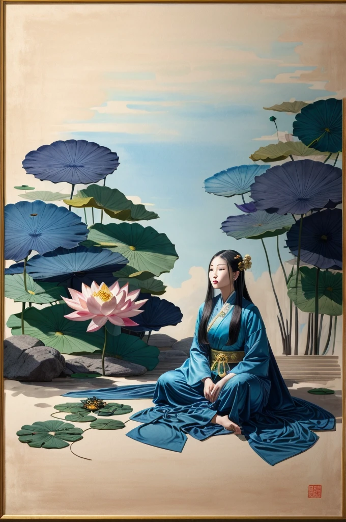 a beautiful ancient chinese woman sitting on a stone, wearing ancient chinese robes, flowing blue chiffon, light silk, languid pose, large lotus leaves, lotus flowers, ink painting style, beautiful colors, decisive framing, empty space, freehand, masterpiece, extremely detailed, grand composition, high quality, best quality, 4k