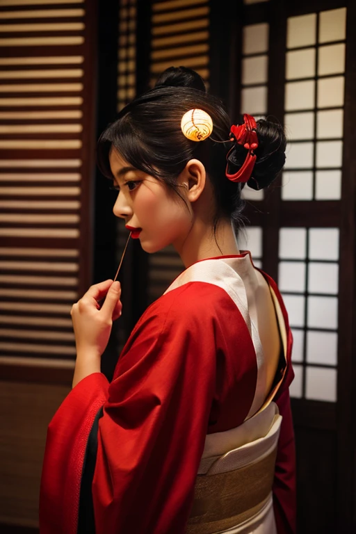 girl、Beauty、Red colored kimono、Exposing shoulders、Slender body、girl座り、Facing forward、Tatami room、Powder、Shoji screen、tatami、Dark atmosphere、candle、Oiran、Tied hairstyle、hairpin、Close-up、Red lips