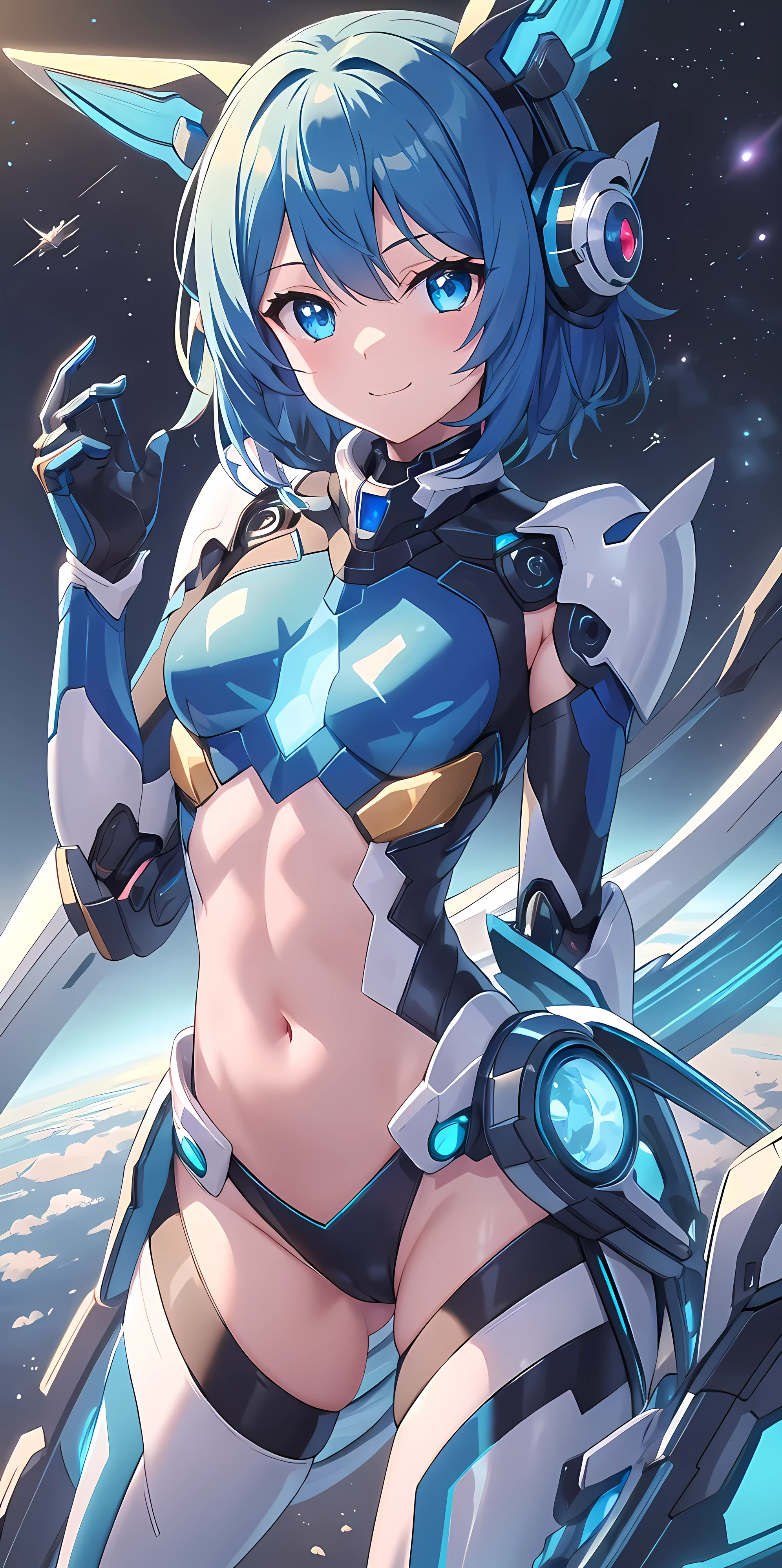 1girl, solo, tailblue, mecha musume, medium hair, blue hair, headgear, perfect face, blue eyes, looking at viewer, cute, smile, :3, uwu, closed mouth, breasts, tail gear, shiny white latex leotard, shiny black latex top, shiny black panties, space in background, cowboy shot, scifi, masterpiece, high resolution, best quality, 