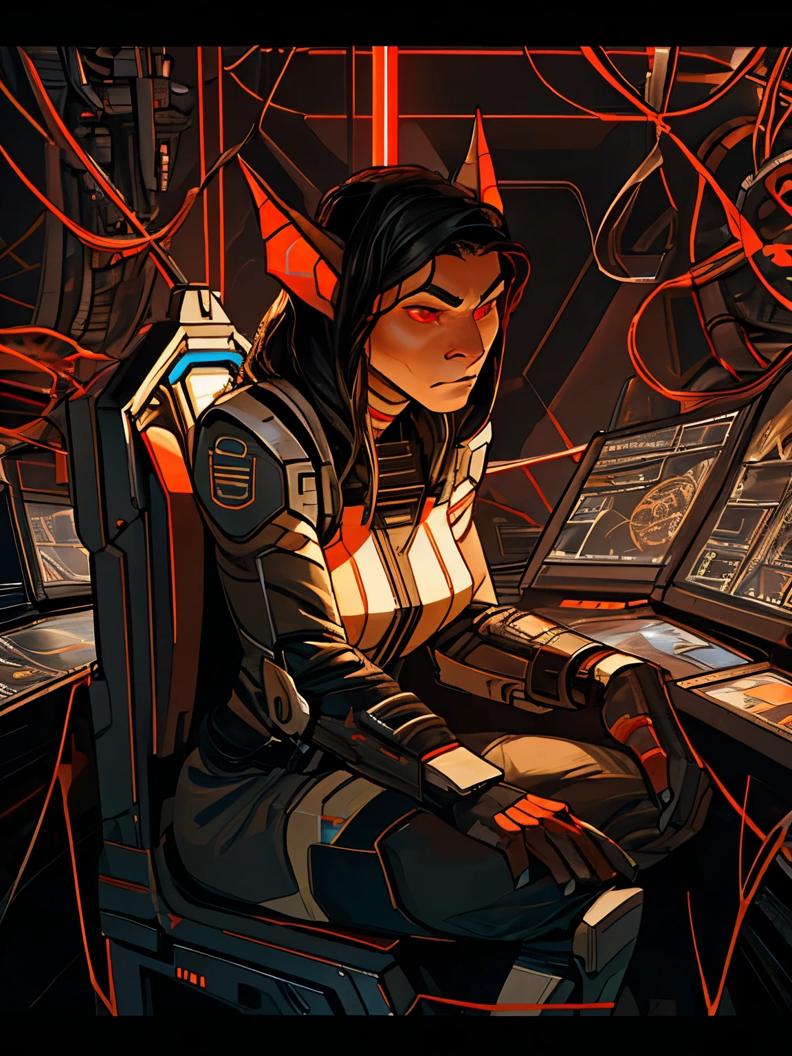 best quality, masterpiece, detailed, perfect face, cinematic, portrait, alien, ((anthropomorph bat)), female, black high tech armor, red colored eyes with no iris, dark gray skin, serious expression, sitting in a commander chair, high tech spaceship command bridge background, (art by Incase)
