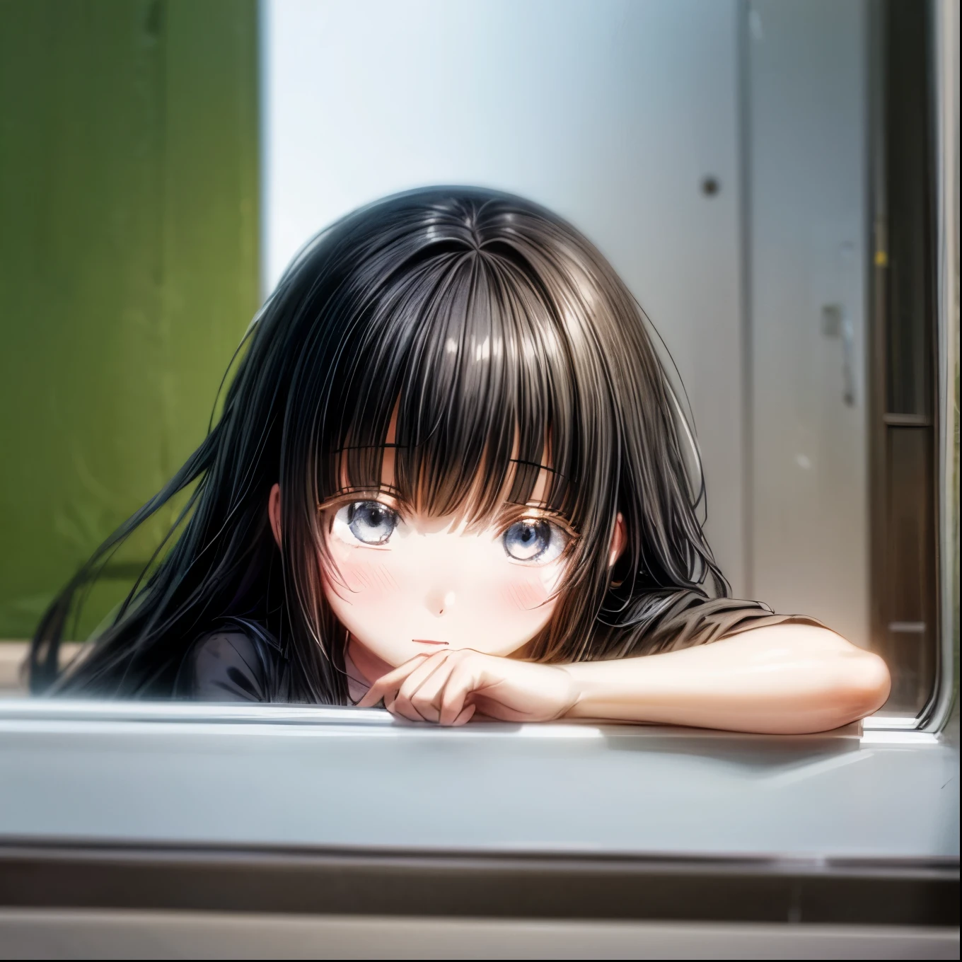 a beautiful girl，shy，Girl illustration art，cute girl，Big black eyes，long black hair，front Photo，（Look at me）