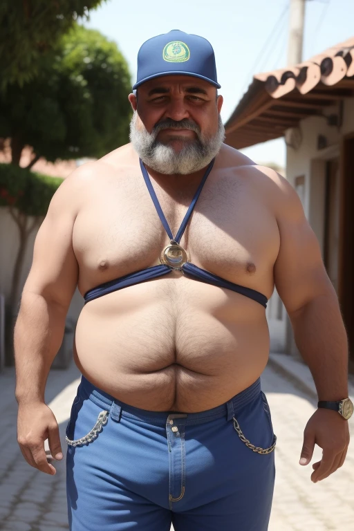 Gesticulando dialogando com com as mãos muscular turkish construction worker, muito peludo, peitorais grandes e carnudos, regata, Generate an image of a middle-aged man facing the camera. He has a friendly and expressive appearance. His size is fat and overweight, sofre de obesidade e, Like many of us, he's a guy,has no hair and ]It possesses a variety of physical characteristics. He's wearing casual clothes, And his posture is confident. A imagem captura a personalidade e individualidade dele, ELE ESTA FELIZ, chains on the neck. muscular turkish construction worker, muito peludo, peitorais grandes e carnudos, regata.