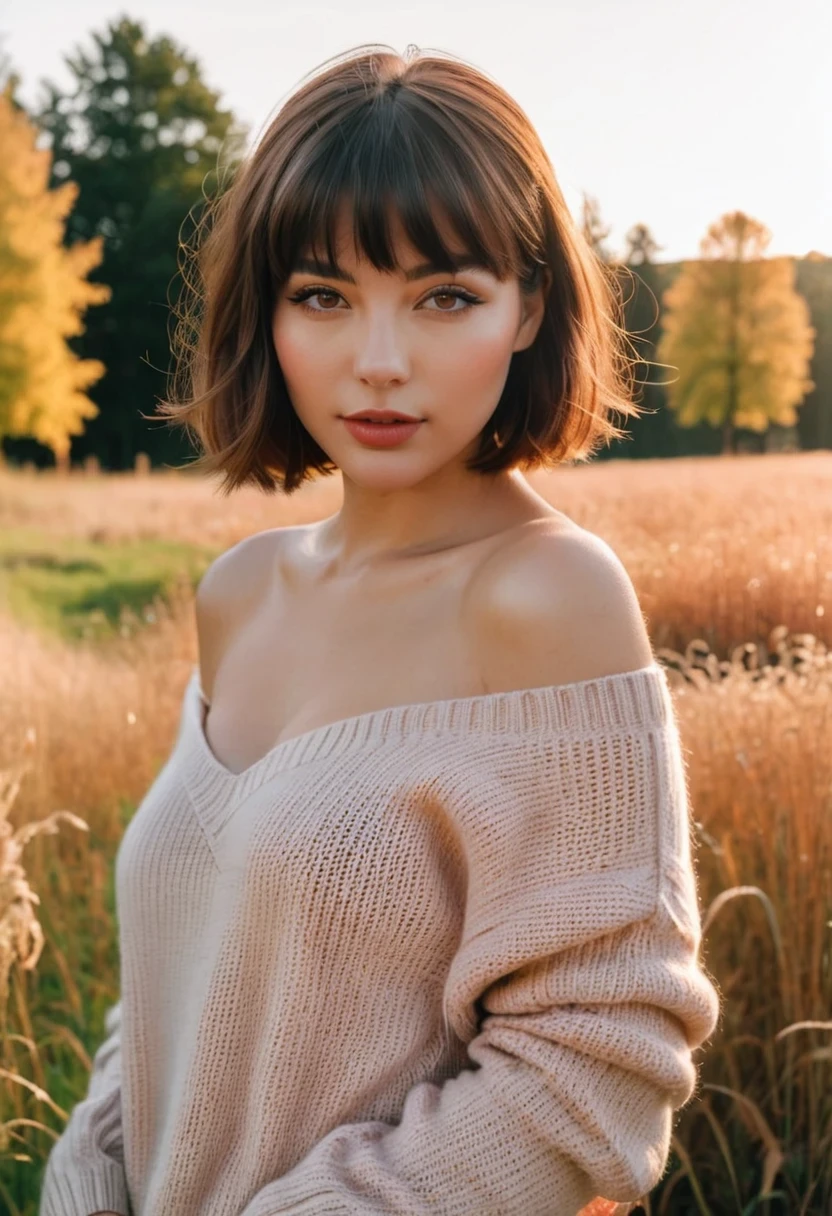 35mm film, one sexy girl, supermodel, shiny skin, short hair, bangs, prefect face, makeup, blush, parted lips, big tits, cleavage, thin waist, off shoulder sweater, oversize sweater, long sleeves, (looking at viewer), field grass, maple trees, golden hour, film grain, (upper body), epiCPhoto,